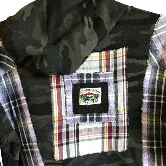 Patchwork Camo Hoodie, Size M-L: Upcycled Hipster Grunge Violet Plaid Sweatshirt - Picture 4 of 14